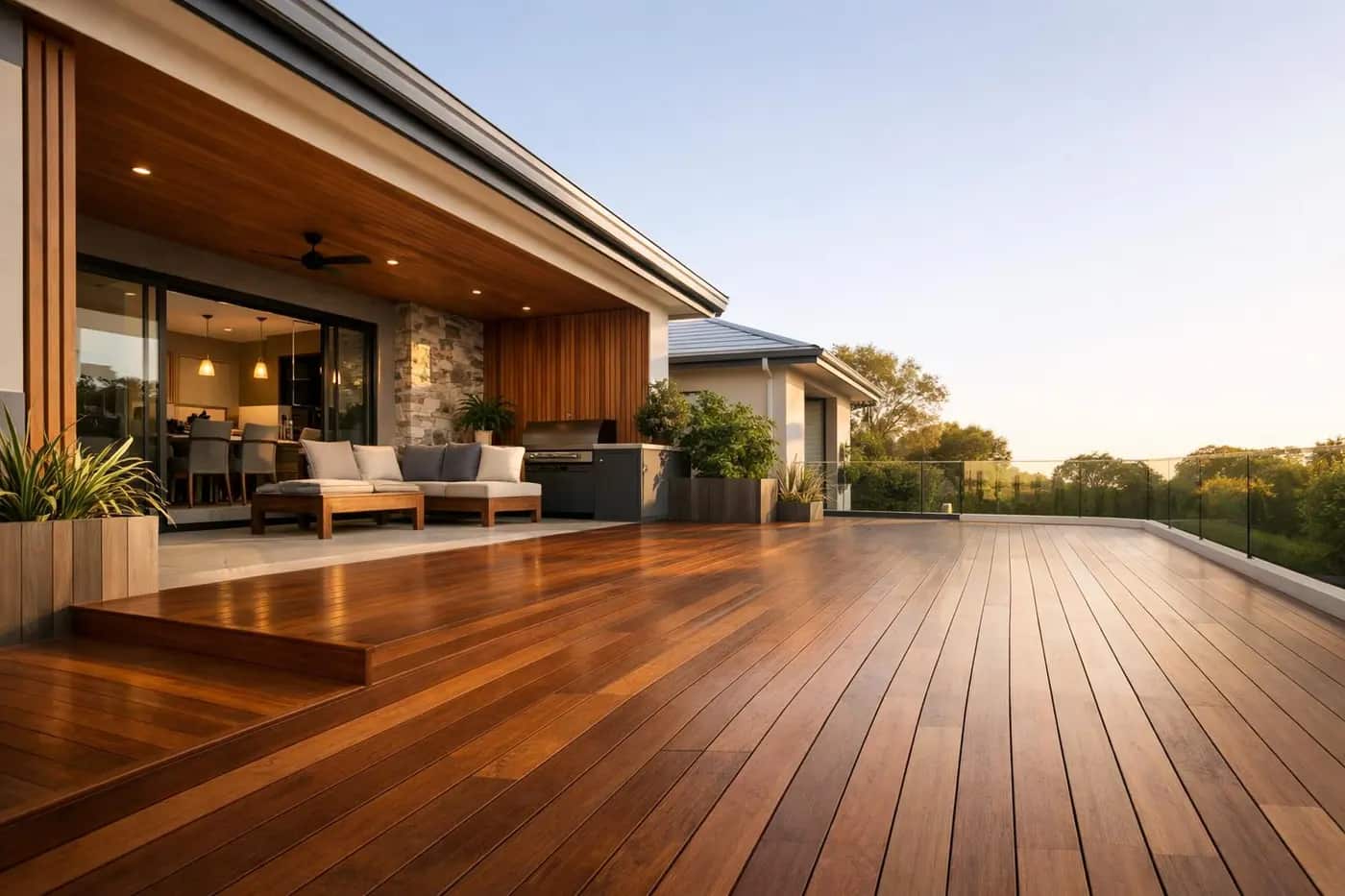 Large timber deck beside a modern home with an outdoor lounge setting